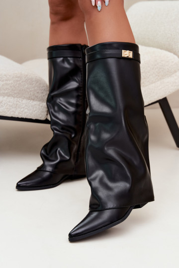 bottes hautes pour femmes avec tige cousue sur un petit talon en simili cuir noir Gisellea