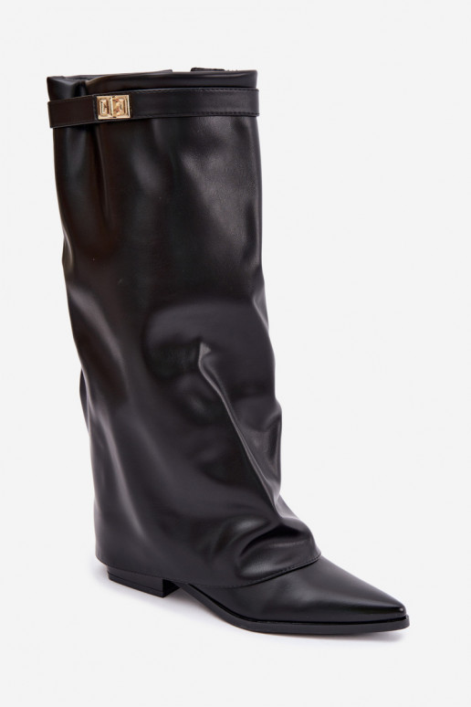 bottes hautes pour femmes avec tige cousue sur un petit talon en simili cuir noir Gisellea