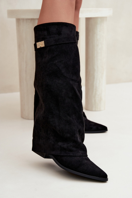bottes hautes pour femmes avec tige cousue sur un petit talon en simili daim noir Gisellea