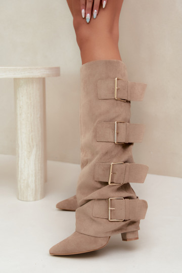 damen kniehohe Stiefel mit genähtem Schaft in Gold mit Schnallen aus Kunstveloursleder in Khaki Isa
