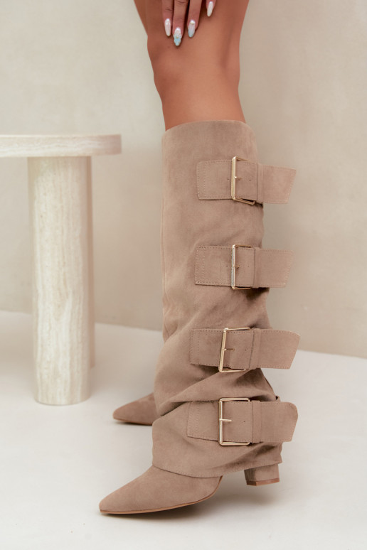 bottes hautes pour femmes avec tige cousue en or avec boucles en simili daim kaki Isa