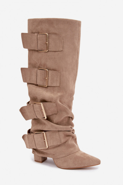 dames kniehoogte laarzen met een gestikte schacht in goudkleur met gespen van faux suede in khaki Isa