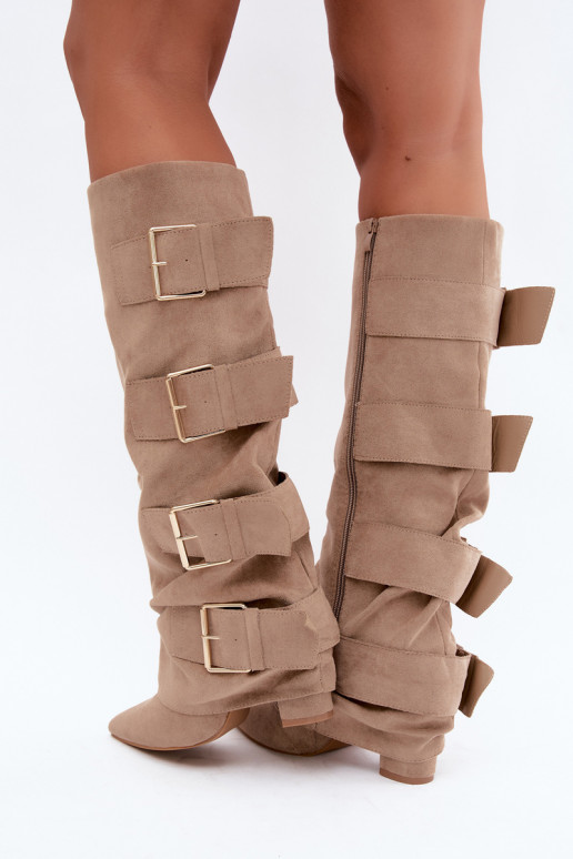 bottes hautes pour femmes avec tige cousue en or avec boucles en simili daim kaki Isa