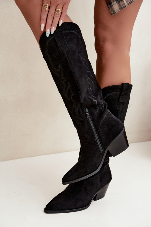 bottes hautes pour femmes de style cowboy avec talons en simili daim noir Merise