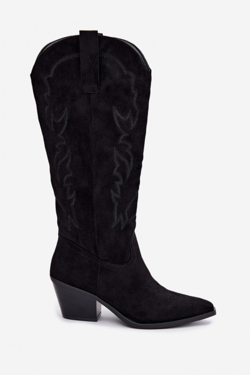 damen kniehohe Stiefel im Cowboy-Stil mit Absatz aus Kunstveloursleder in Schwarz Merise