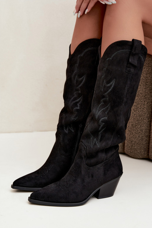 dames cowboy-stijl kniehoogte laarzen met hakken van faux suede in zwart Merise