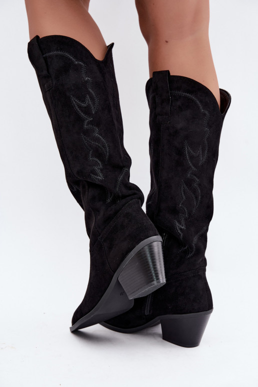 bottes hautes pour femmes de style cowboy avec talons en simili daim noir Merise