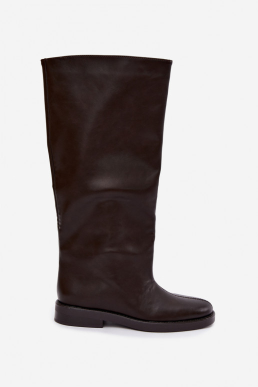 dames kniehoogte laarzen met brede hakken en decoratieve stiksels in chocolade Gresa