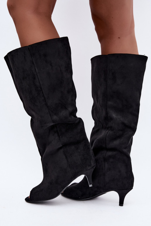 kniehohe Stiefel mit hohem Schaft und offenen Zehen in Schwarz Henya