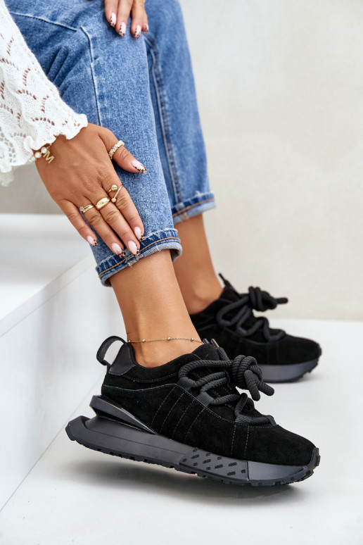 dames suède sneakers met platform en robuuste vetersluiting Artiker 54C1464 in zwart