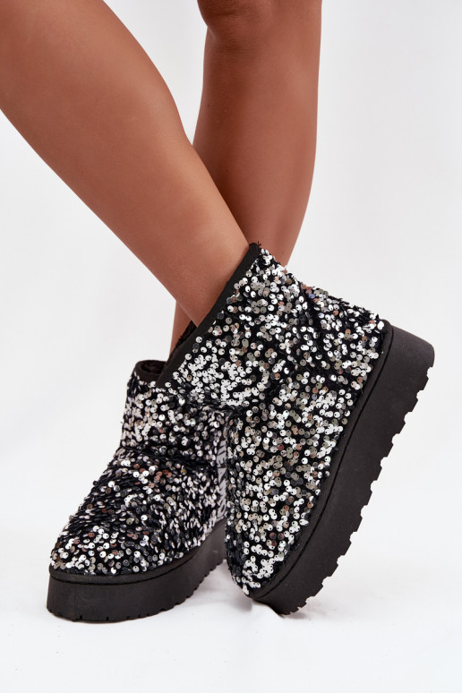 dames sneeuwlaarzen met platform, versierd met pailletten in zwart en zilver