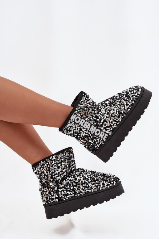 bottes de neige pour femmes avec plateforme, décorées de paillettes en noir et argent