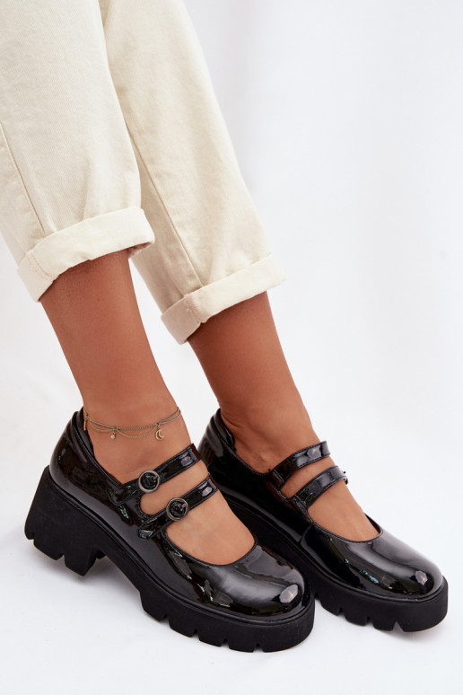 Zwarte dames schoenen met lak-effect, hakken en bandjes Kamira