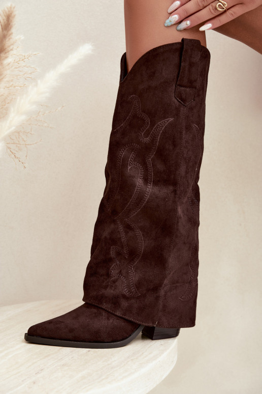 Lange cowboy-stijl laarzen met hakken en gestikte schacht in chocoladekleur Irella