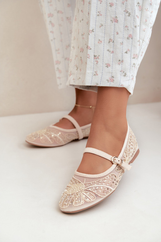 Netz-Ballerinas mit gestickten Blumen und Pailletten in Sandfarbe Caletta