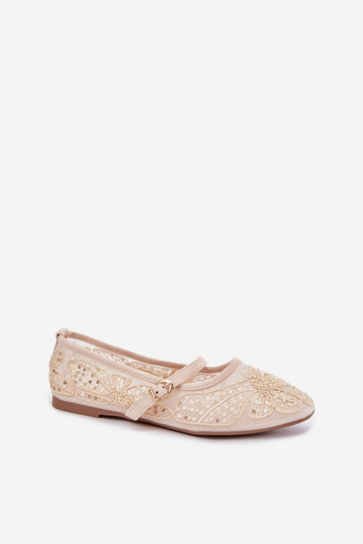 Netz-Ballerinas mit gestickten Blumen und Pailletten in Sandfarbe Caletta