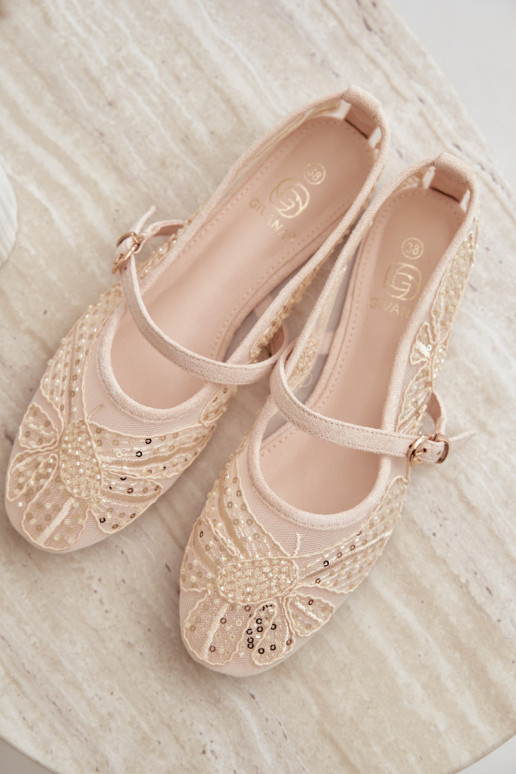 Netz-Ballerinas mit gestickten Blumen und Pailletten in Sandfarbe Caletta