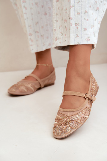 Ballerines en maille avec des fleurs brodées et des paillettes couleur sable Caletta 2