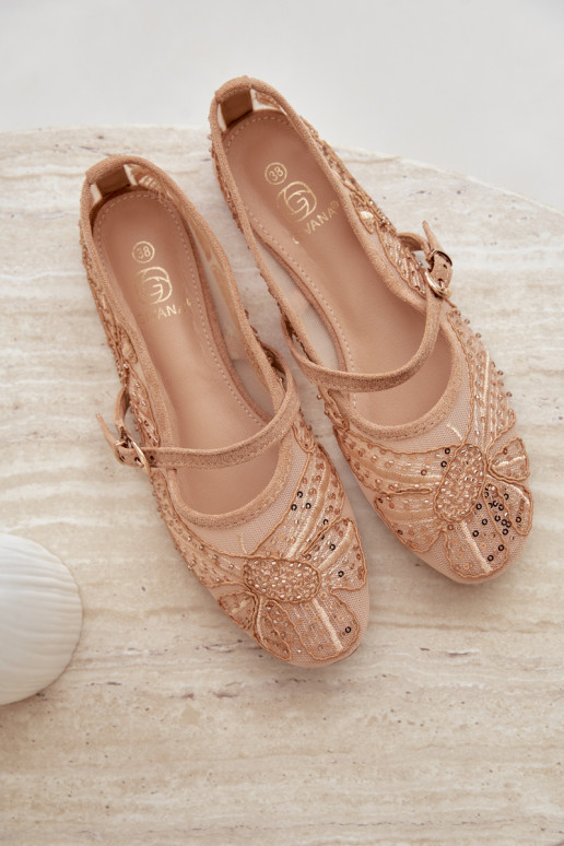 Mesh ballerina's met geborduurde bloemen en pailletten in zandkleur Caletta