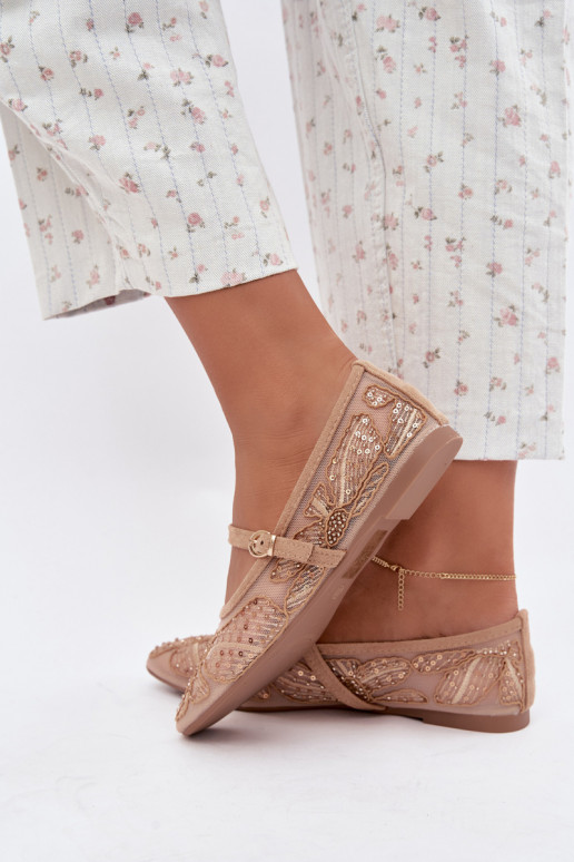 Ballerines en maille avec des fleurs brodées et des paillettes couleur sable Caletta