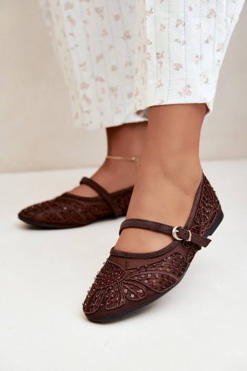 Ballerines en maille avec des fleurs brodées et des paillettes couleur chocolat Caletta 2