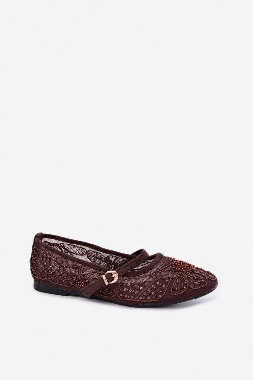 Ballerines en maille avec des fleurs brodées et des paillettes couleur chocolat Caletta