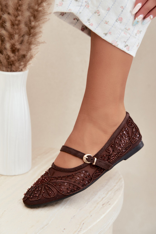 Netz-Ballerinas mit gestickten Blumen und Pailletten in Schokoladenfarbe Caletta