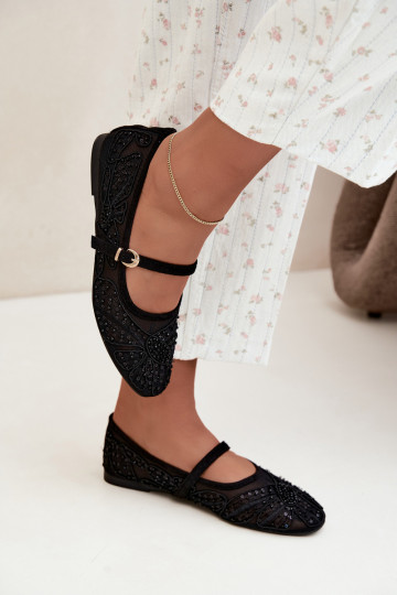 Ballerines en maille avec des fleurs brodées et des paillettes couleur noire Caletta