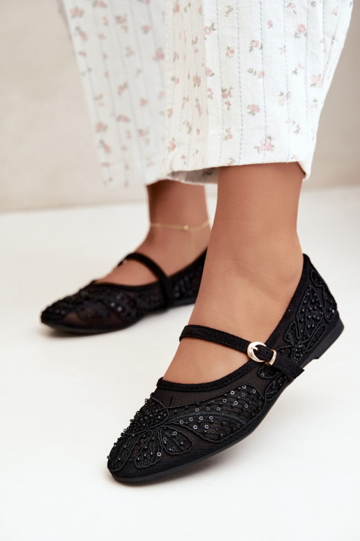 Ballerines en maille avec des fleurs brodées et des paillettes couleur noire Caletta