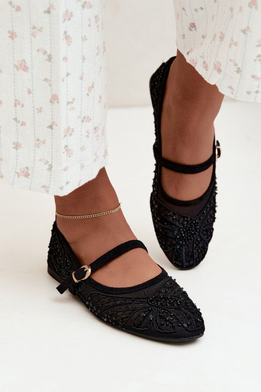 Ballerines en maille avec des fleurs brodées et des paillettes couleur noire Caletta