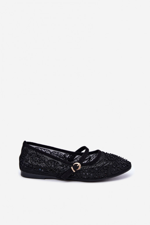 Netz-Ballerinas mit gestickten Blumen und Pailletten in schwarzer Farbe Caletta