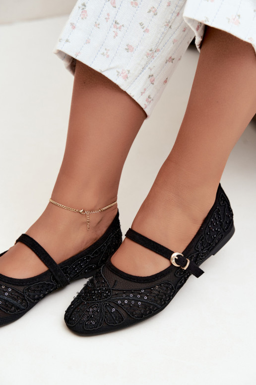 Netz-Ballerinas mit gestickten Blumen und Pailletten in schwarzer Farbe Caletta