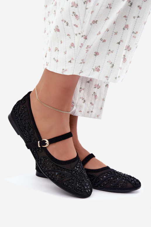 Mesh ballerina's met geborduurde bloemen en pailletten in zwarte kleur Caletta