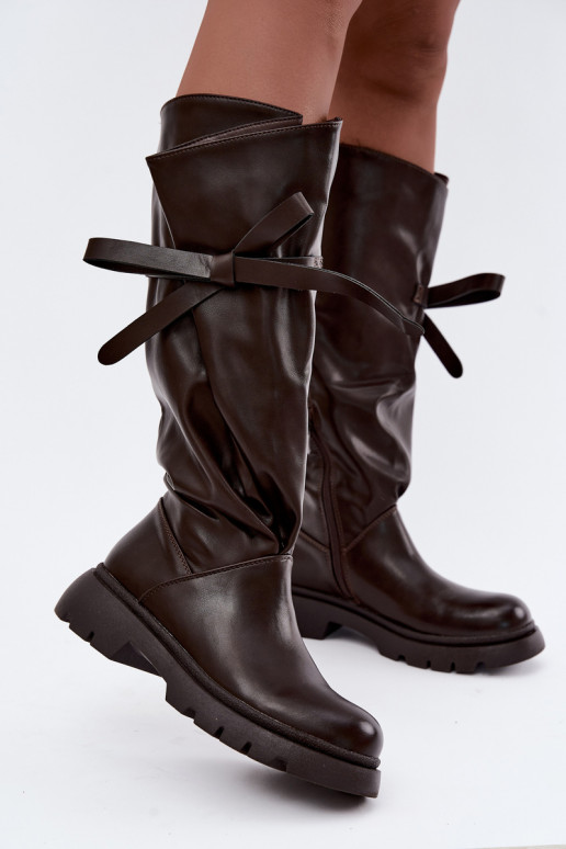 bottes hautes pour femmes avec talons larges et nœuds en couleur marron Amely