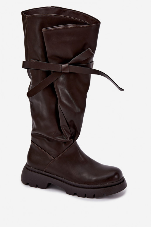 Damen kniehohe Stiefel mit breiten Absätzen und Schleifen in brauner Farbe Amely