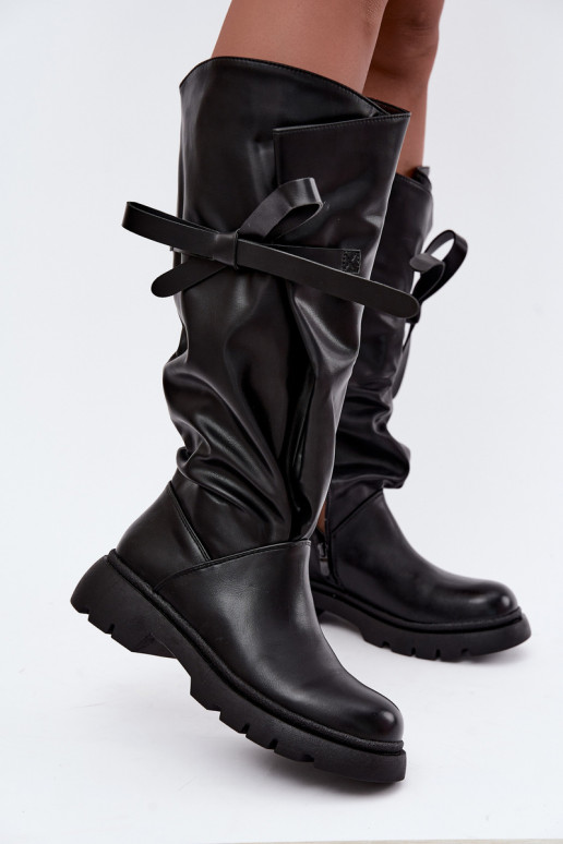 bottes hautes pour femmes avec talons larges et nœuds en couleur noire Amely
