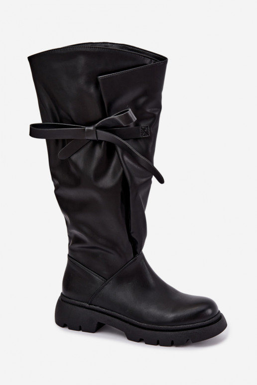 bottes hautes pour femmes avec talons larges et nœuds en couleur noire Amely