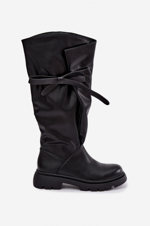 bottes hautes pour femmes avec talons larges et nœuds en couleur noire Amely