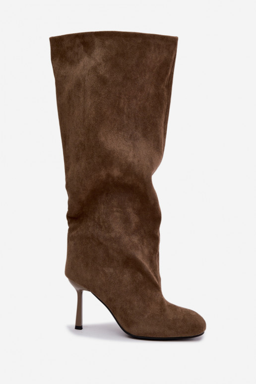 bottes hautes à enfiler pour femmes avec talons fins en couleur kaki Caliya