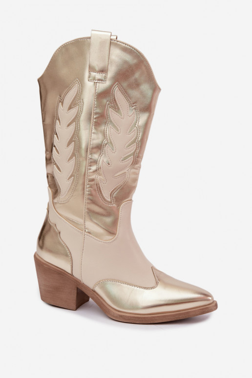 bottes hautes de style cowboy avec talons en couleur dorée