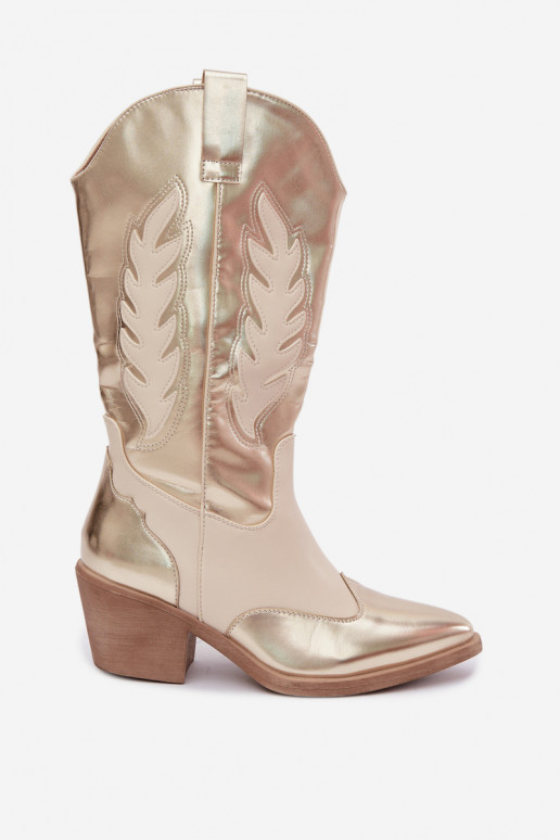 bottes hautes de style cowboy avec talons en couleur dorée