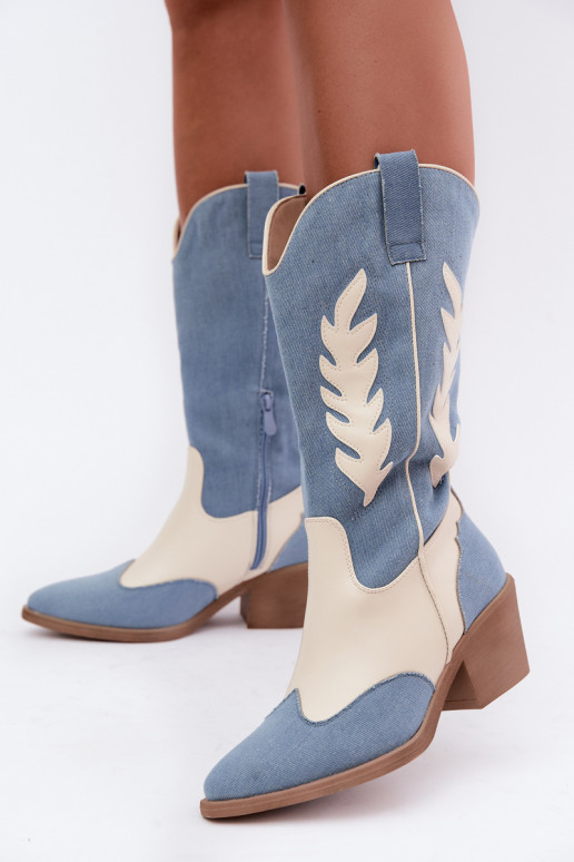 kniehohe Stiefel im Cowboy-Stil mit Absatz aus Denim in brauner Farbe