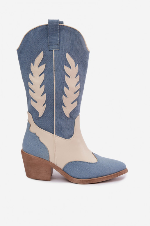 bottes hautes de style cowboy avec talons en denim couleur marron