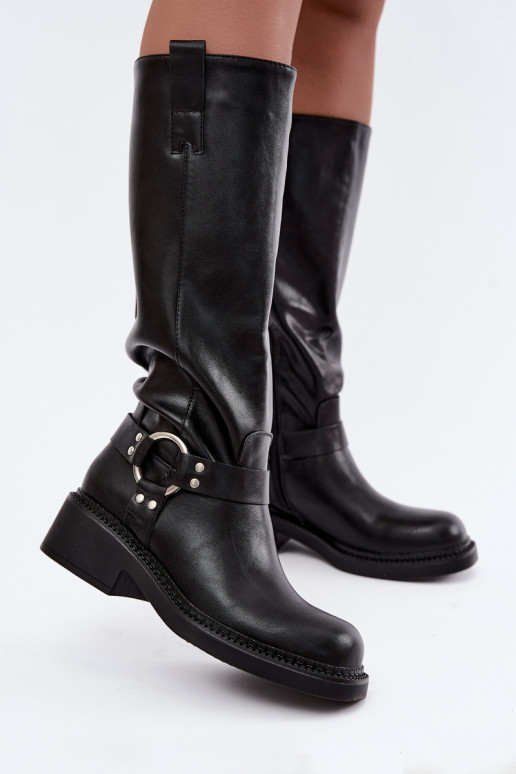 Bottes longues pour femmes avec des détails décoratifs en couleur noire Rileta