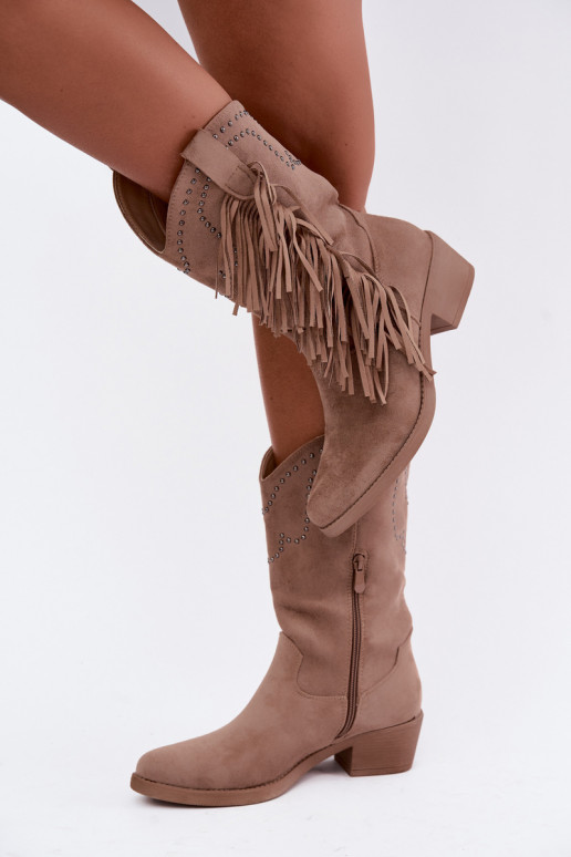 Bottines pour femmes de style cowboy avec des franges et des embellissements en couleur sable Perlia
