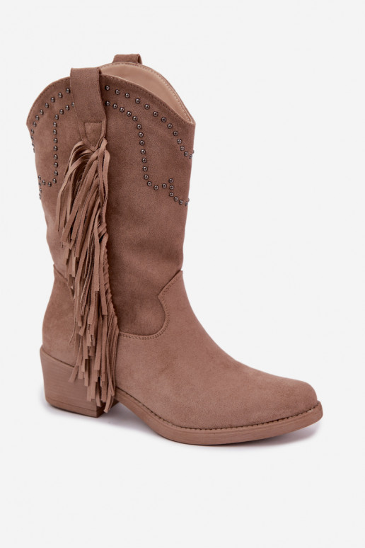 Cowboy-Stil Damen Stiefeletten mit Fransen und Verzierungen in Sandfarbe Perlia
