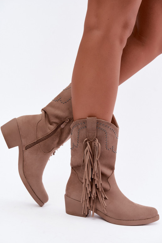 Bottines pour femmes de style cowboy avec des franges et des embellissements en couleur sable Perlia