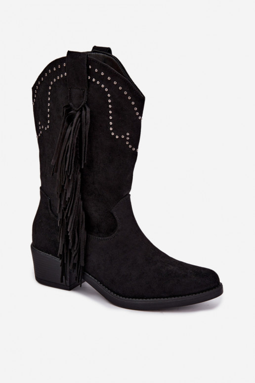Bottines pour femmes de style cowboy avec des franges et des embellissements en couleur noire Perlia