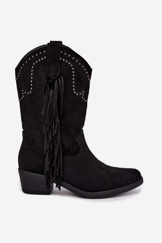 Bottines pour femmes de style cowboy avec des franges et des embellissements en couleur noire Perlia