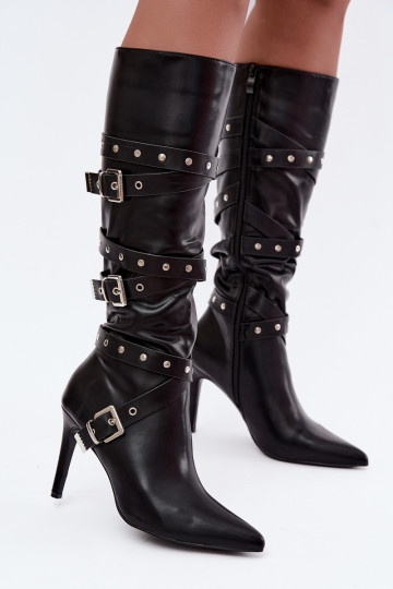 Bottes longues pour femmes avec des talons fins et des boucles en couleur noire Invera